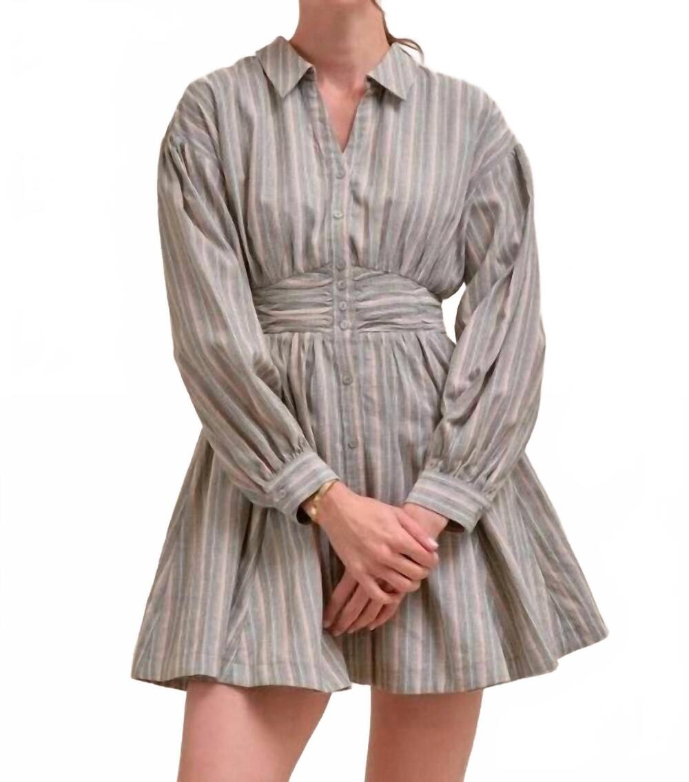 NEW &MERCI striped ruched-waist mini dress in ash olive multi stripe